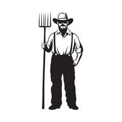 Farmer with pitchfork silhouette, Silhouette farmer with pitchfork wearing hat vector illustration