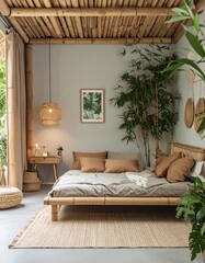 Cozy bamboo bedroom with plants and warm lighting