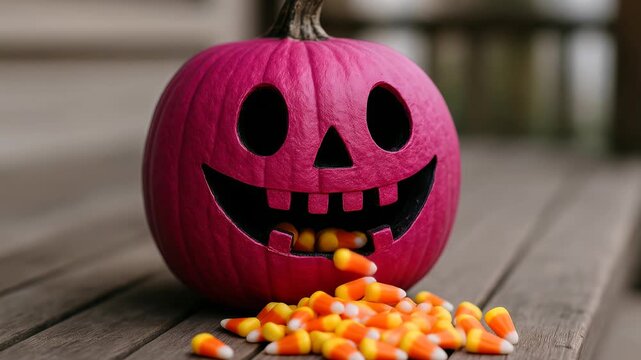 Colorful Halloween Pumpkin Filled with Candy Corn on a Wooden Deck, Celebrating the Spooky Season with a Festive Display