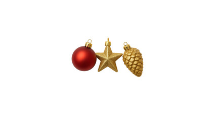 Christmas ornaments including red ball, gold star, and pine cone  