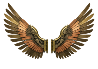 Isolated Steampunk Style Wings Metal and Brass Mechanical Design No Background Decoration