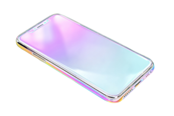 A sleek, modern smartphone featuring a holographic display and iridescent, colorful edges, presented on a minimalist dark transparent background. Technology and design. background removed