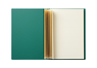 Isolated Open journal with teal cover ready for writing or drawing and empty pages showing