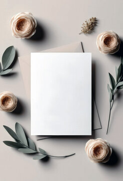 Elegant Blank Greeting Card with Floral Decoration and Eucalyptus Leaves.