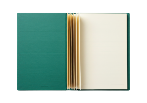 Isolated Open journal with teal cover ready for writing or drawing and empty pages showing