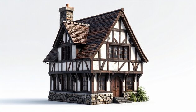 Traditional Tudor-style cottage with steeply pitched roof, exposed wooden beams, stone chimney and foundation, arched wooden front door, reddish-brown tiled roof, multiple wooden-framed windows, small