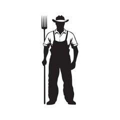 Farmer with pitchfork silhouette, Silhouette farmer with pitchfork wearing hat vector illustration