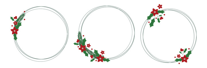 Set of round Christmas frames with evergreen and holly branches, poinsettia flower, winter berries. Decorative elements for design, card, invitation, sale, photo.