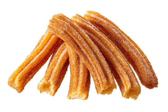 Few churros arranged in a loose fan with visible cinnamon-sugar coating and one broken end showing the airy inside, isolated on transparent background.