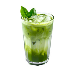 A tall glass of iced matcha latte with fresh leaves, a vibrant green, creamy drink