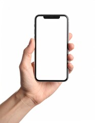 Hand holding a modern smartphone with a blank screen.  The device is gray, rectangular, and positioned vertically.  