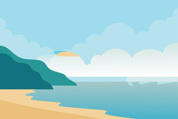 A scenic beach view with mountains and cloudy sky