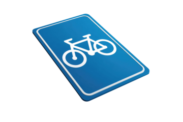 A blue rectangular road sign indicating a bicycle path or lane, featuring a white bicycle icon. Sign is viewed at an angle. background removed