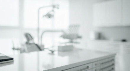 Abstract blurred photo of bright white dental clinic interior, clean lines, soft daylight reflections, ultra-realistic stock detail, minimal elegant tone,