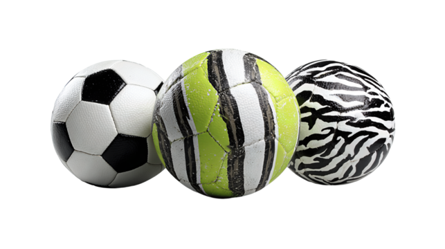 A trio of soccer balls in black and white, neon lime, and zebra stripe patterns arranged in a staggered line with light scuffs, isolated on transparent background.
- Powered by Adobe
