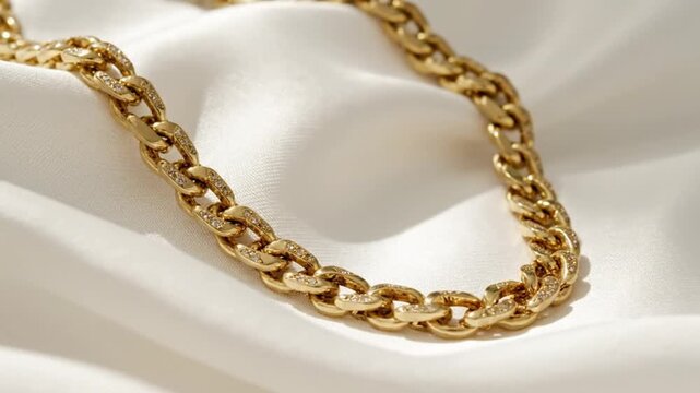 Elegant gold chain necklace with embedded crystals resting on a soft white silk fabric