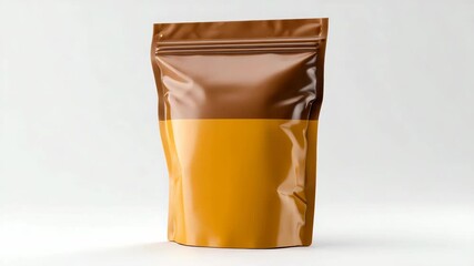Glossy stand-up pouch in brown and yellow colors displayed upright on white background, representing food or product packaging concept - Powered by Adobe