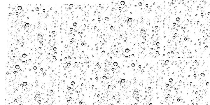 Monochrome rain drops on glass isolated on transparent background for overlay use