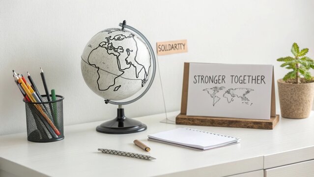 Globe sitting on a desk next to a Stronger Together sign