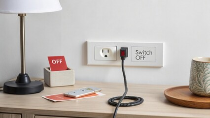 Desk with unplugged power cord and Switch OFF sign