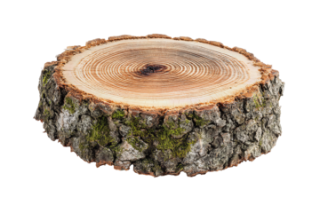 A circular log end with clean saw-cut face, concentric wood rings, rugged bark edges, and subtle moss details, isolated on transparent background.
