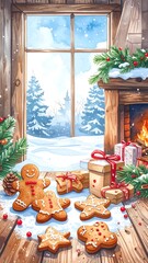 Cozy Christmas scene with gingerbread cookies by a fireplace