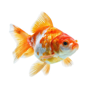A stunning orange and white goldfish with flowing fins, captured in mid-swim, showcasing its vibrant scales and elegant form. background removed