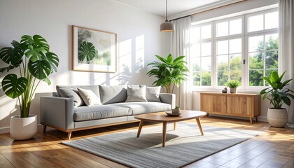 Fototapeta premium Bright Modern Minimalist Living Room with Indoor Plants. 