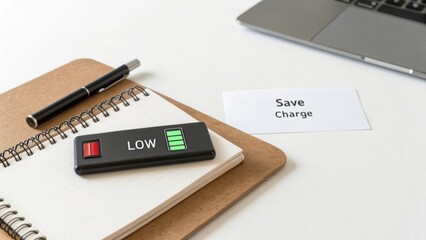 A low battery indicator placed on a notebook at a desk