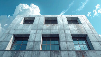 Modern concrete building facade with evenly spaced square windows against a vibrant blue sky with puffy white clouds
