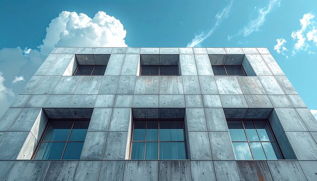 Modern concrete building facade with evenly spaced square windows against a vibrant blue sky with puffy white clouds - Powered by Adobe