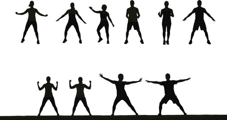Silhouette sequence of people performing jumping jacks exercise, fitness training concept, workout illustration, physical education, healthy lifestyle, cardio activity, gym movement