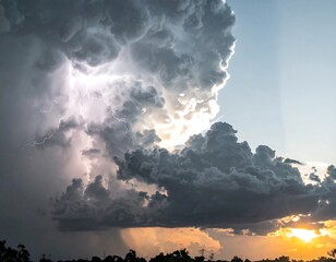 Dramatic storm clouds with lightning and sunset