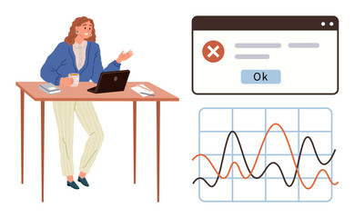 Businesswoman with a laptop by desk, error popup, and data charts illustrating decision-making. Ideal for analytics, teamwork, problem-solving, error handling, data analysis, presentations simple