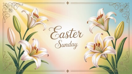 Elegant easter sunday background with white lilies and decorative border in pastel colors design