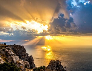Dramatic sunset over a rocky coastline