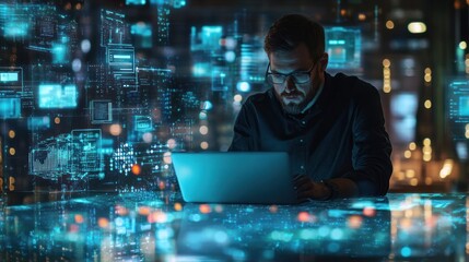 Man working on laptop in data center night