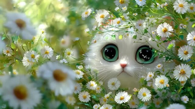 A curious kitten peeks out from a field of vibrant daisies, its innocent eyes wide with wonder. A perfect scene for conveying the purity of nature, joy, and childlike charm.