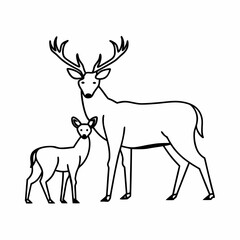 Fototapeta premium A deer and its cub look around in alarm, in the style of a minimalistic linear black-and-white vector drawing