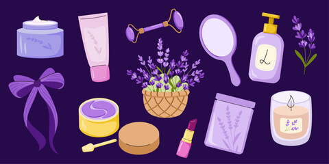 Vector illustration on dark blue background with lavender self-care products, face cream, mask, bow, cleanser, scrub, lipstick, basket of flower. Design for cards, posters, branding, fabric print, tag