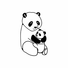 Fototapeta premium An isolated vector drawing of a panda mom gently hugging her cub, made in a simple black and white style.