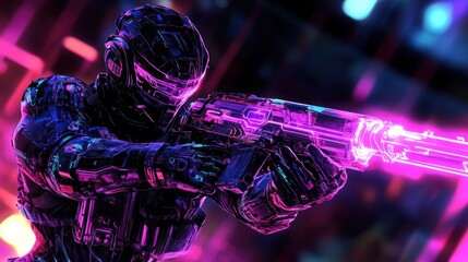 Futuristic soldier aiming weapon with neon lights