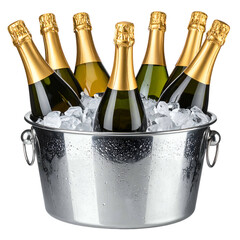 Sparkling wine bottles in an ice bucket, ready to chill and be served