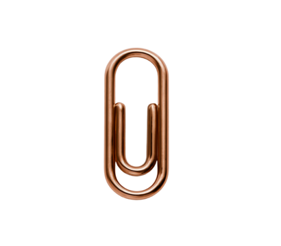 A single metallic copper colored paperclip isolated on transparent background