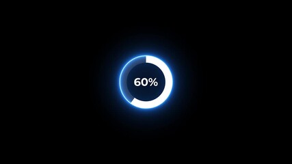 Glowing blue circle progress bar showing 60 percent loading on black background image photo