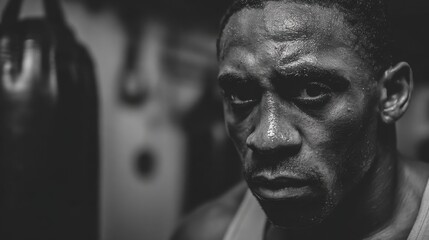Intense Black and White Portrait of a Determined Boxer.
