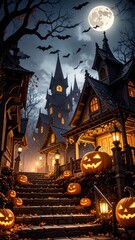 Fototapeta premium Halloween, festividad internacional del Día de los Muertos. Calabazas y castillos terroríficos.