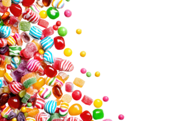 A vibrant assortment of colorful hard candies, chewy gummies, and bonbons scattered diagonally on a solid transparent background, creating a sweet, playful border. background removed
