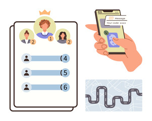 Leaderboard featuring ranked individuals by icons, hand accessing smartphone with fingerprint, digital map with navigation paths. Ideal for productivity, security, teamwork, gaming, rankings