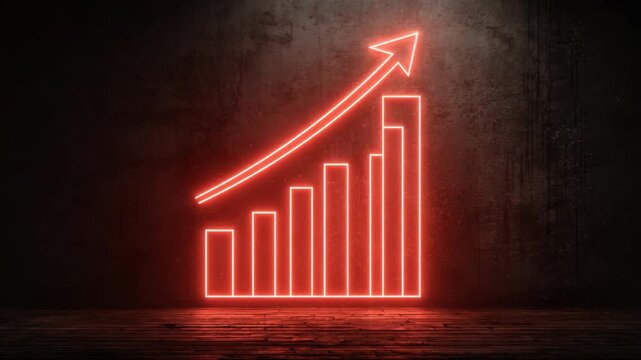 Bright red neon glowing bar chart with rising arrow on dark grunge wall and wooden floor background, concept of growth and success
